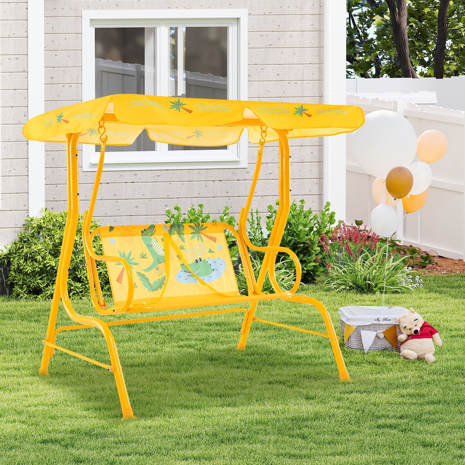 2-Seater Kids Patio Swing with Metal Stand and Adjustable Canopy-Yello ...