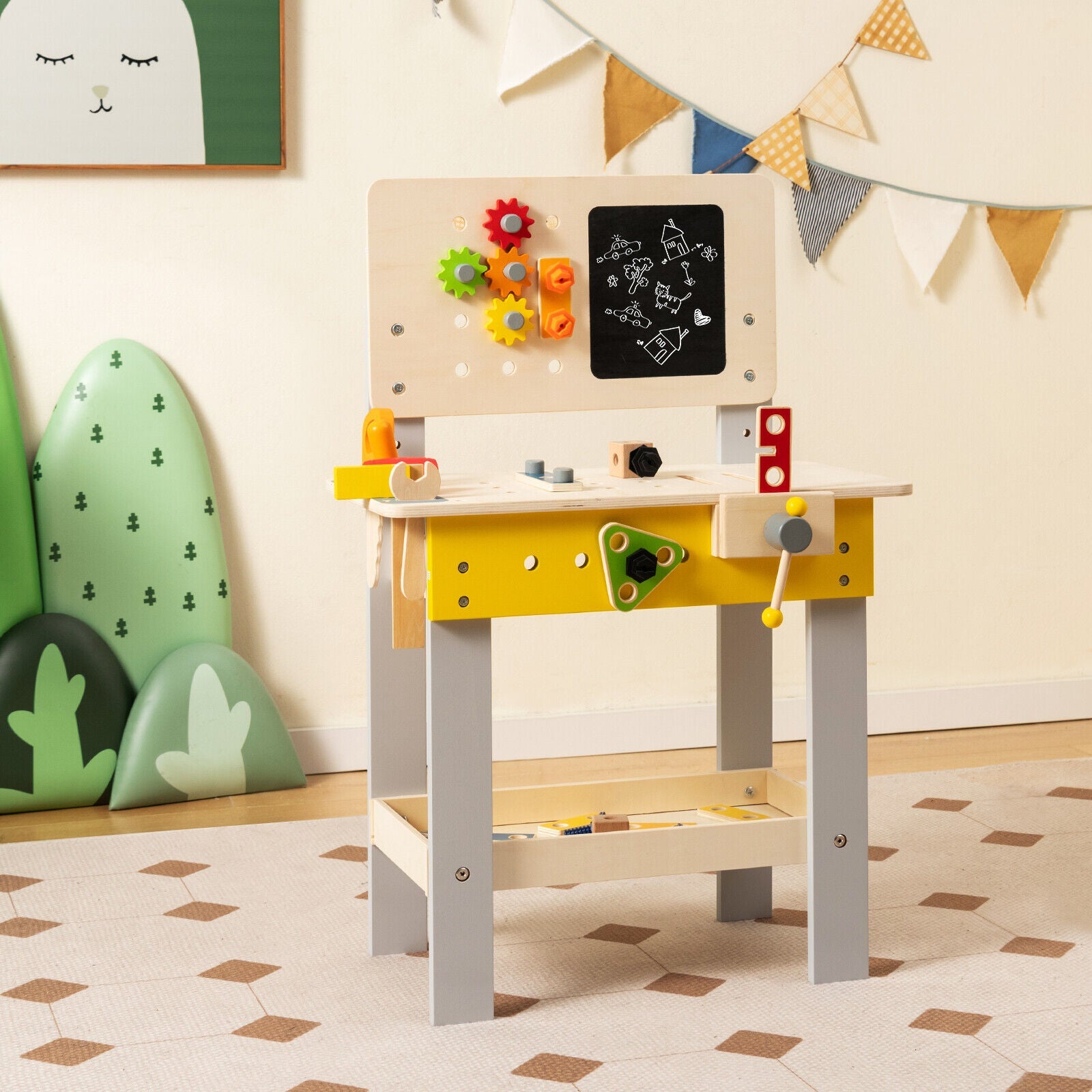 Wooden Pretend Play Workbench Set with Blackboard for Toddlers Ages 3 ...