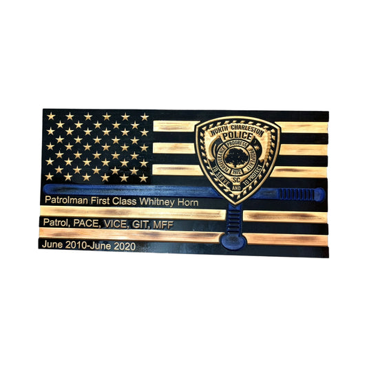 Custom Wooden Thin Blue Line Flag with Police Baton and Engraved Badge