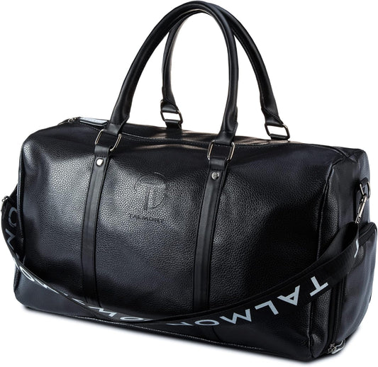 17.7 inch Gym Duffle Leather Bag with Shoe Compartment for Sports Travel - Adjustable Shoulder Strap, Weekender Travel Overnight Bag for Men