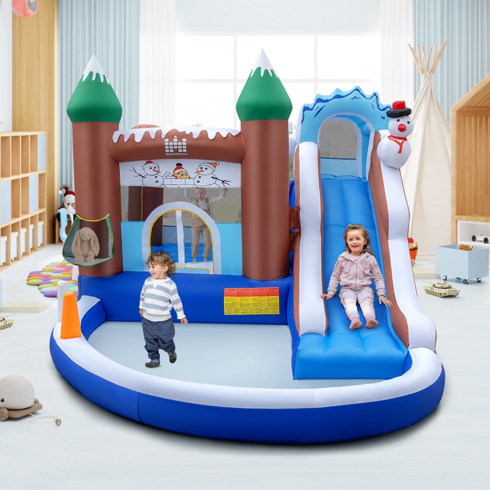 6-in-1 Winter Theme Snowman Inflatable Castle with Slide and Trampolin ...