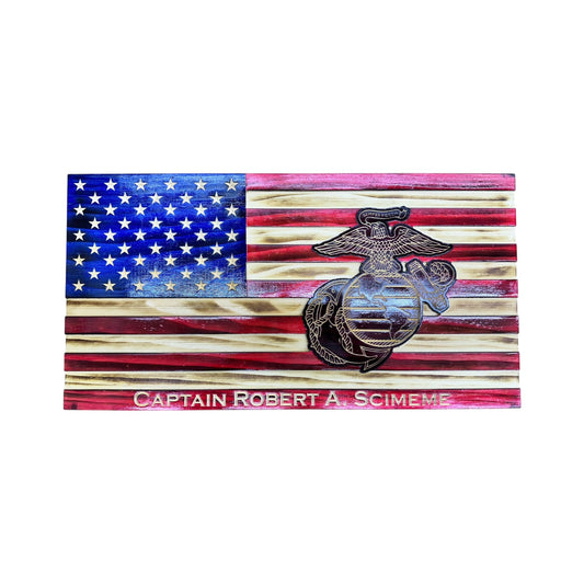 Wooden American Flag with Marine Corps Logo and Personalization