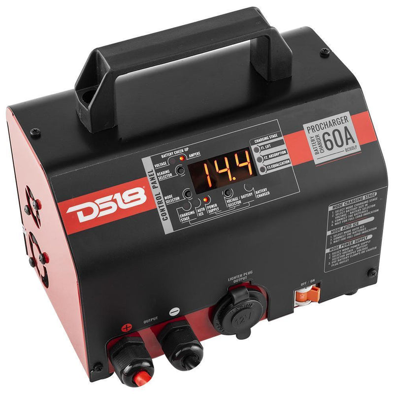 60 Ampere Selectable Charger and Power Supply. Good for Lead Acid, AGM, and Lithium Batteries Wire Clamps Included Made In Brazil