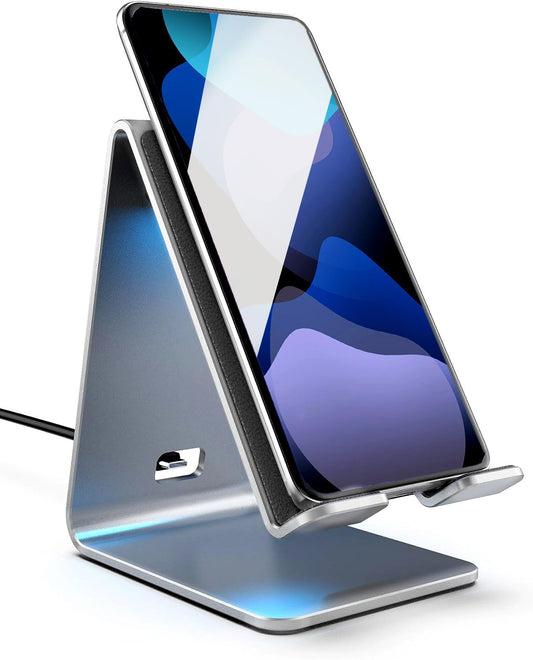 PowerStand Wireless Charging Stand with Dimmable LED Backlights - Desktop Charger for iPhone, Android and Galaxy Phone Models (Aluminum Silver)
